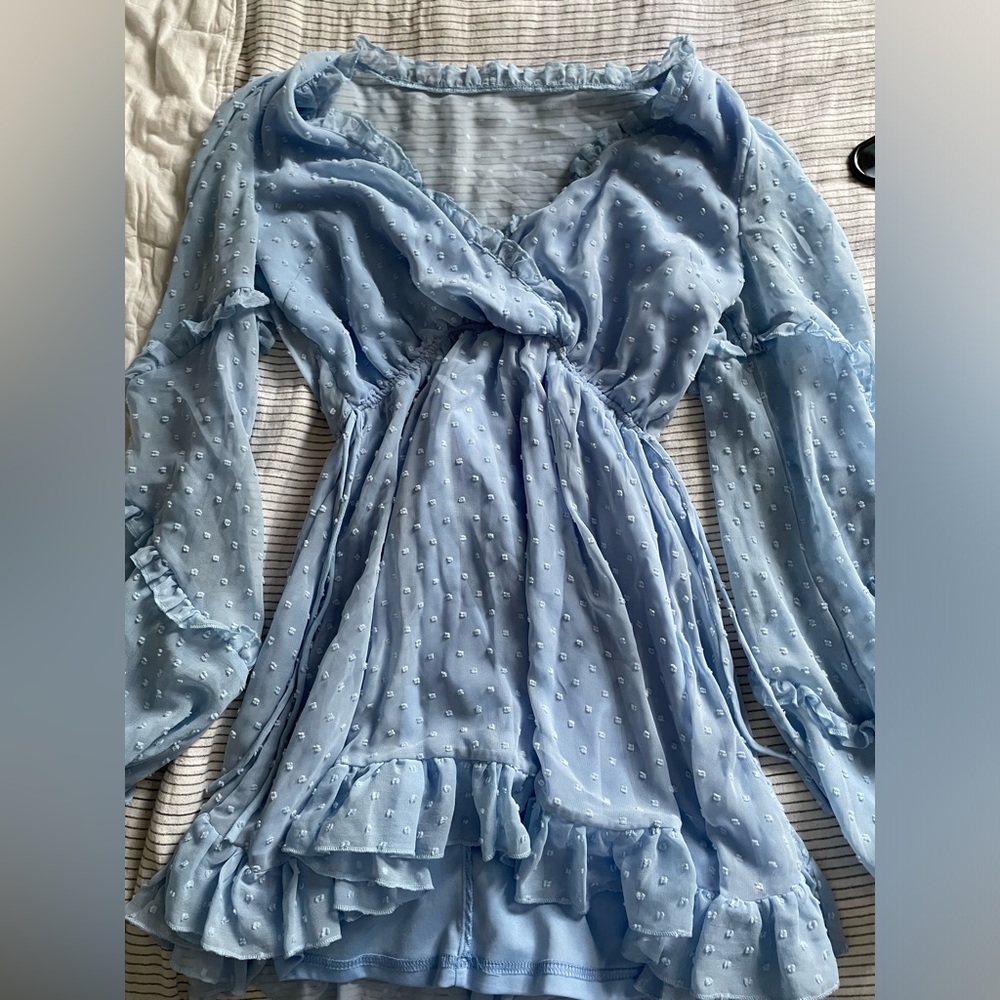 SANCHA LONG SLEEVE FRILL MINI DRESS IN DUSTY BLUE